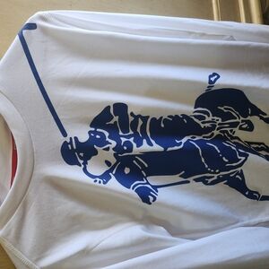 White Sweatshirt with Blue Polo Graphic